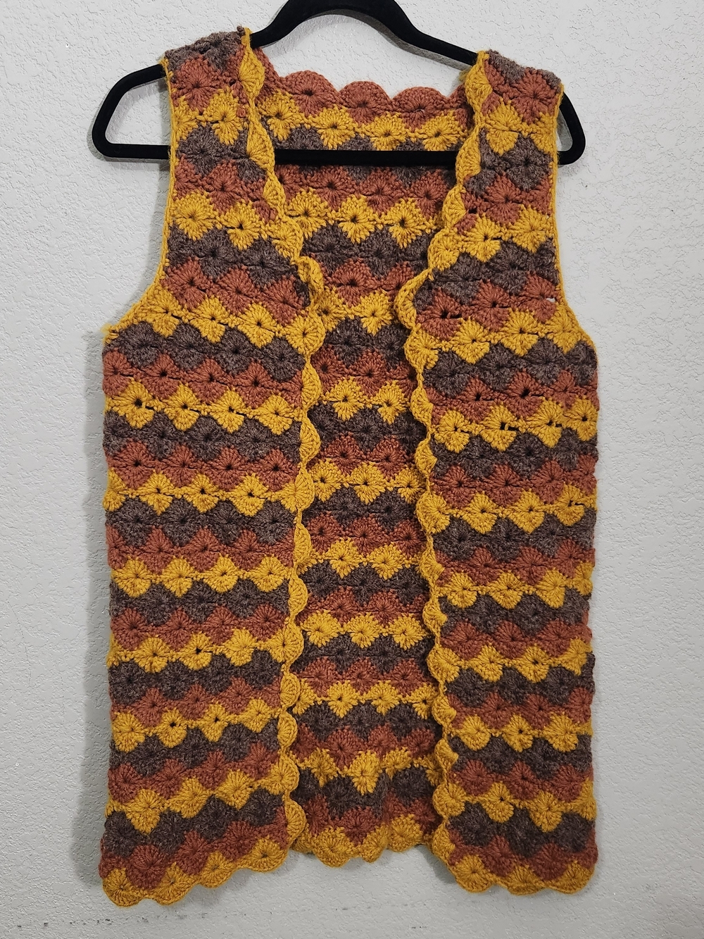 Vintage Handmade Crochet Shell Vest in Mustard, Rust Brown 70s